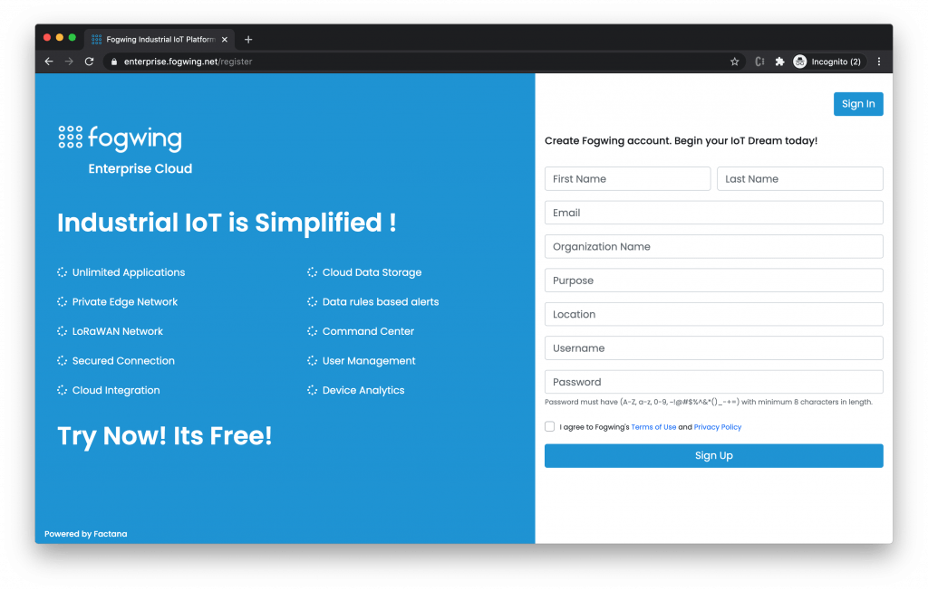 Fogwing Registration Page