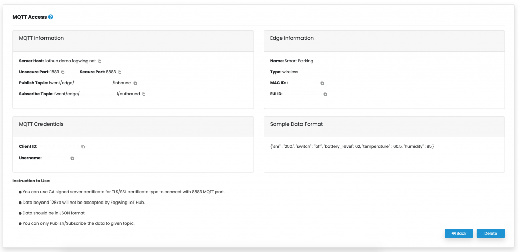 Fogwing IoThub MQTT Config page