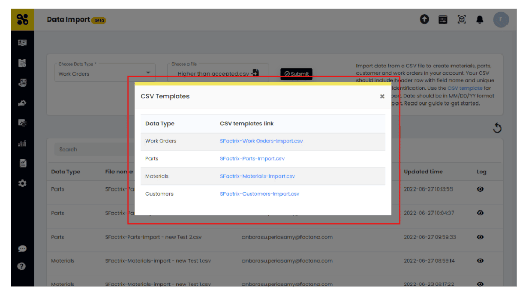 SFactrix Report Page - CSV Template