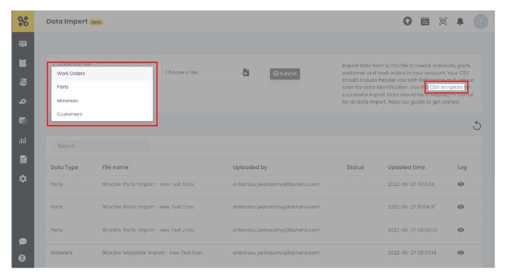 Data Import Page - SFactrix