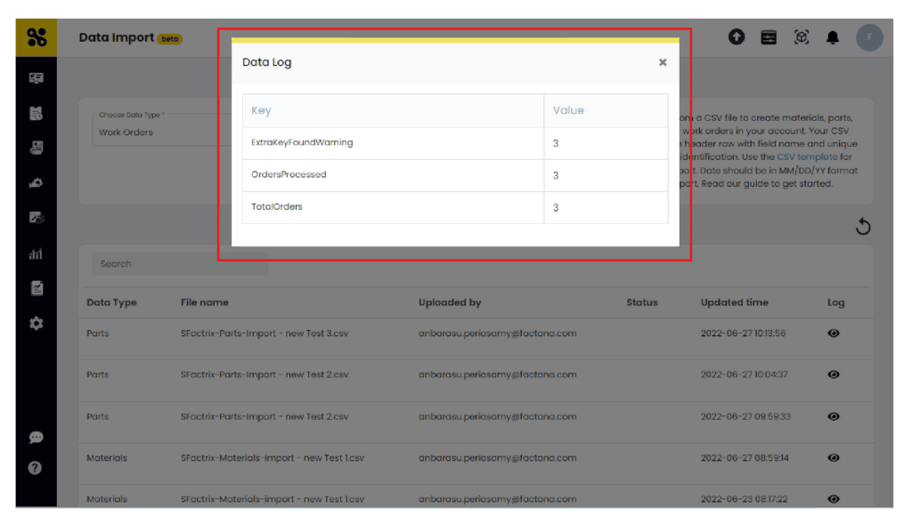 SFactrix Data Import -  Data Log