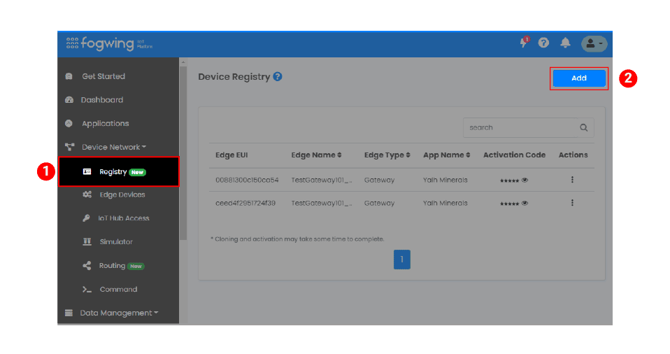 Fogwing Device Registry Page
