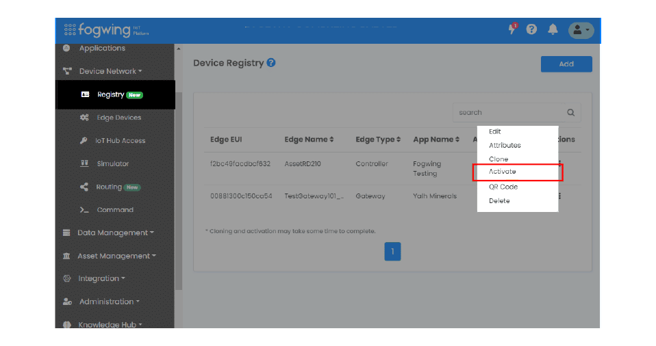 Fogwing Device Registry Page