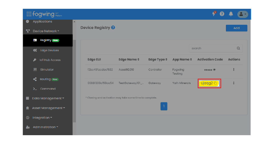 Fogwing Device Registry Page