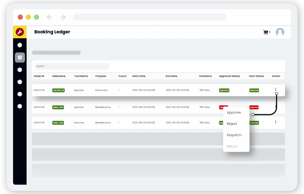 Tools management booking ledger