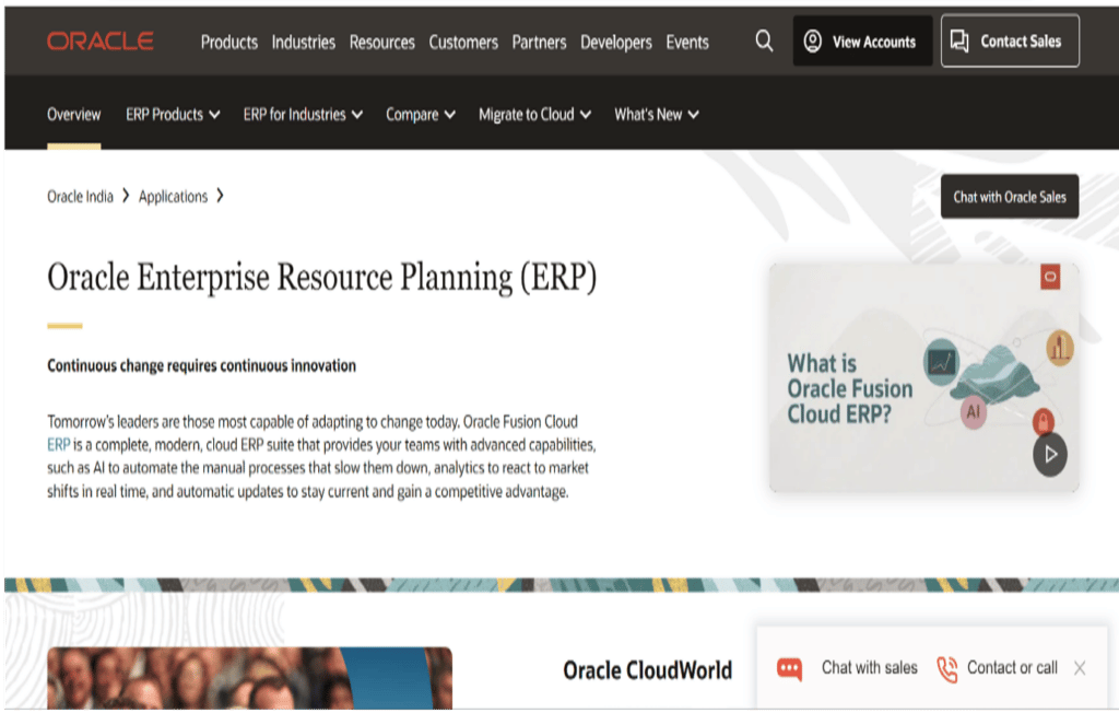 Oracle Enterprise Resource Planning (ERP) homepage