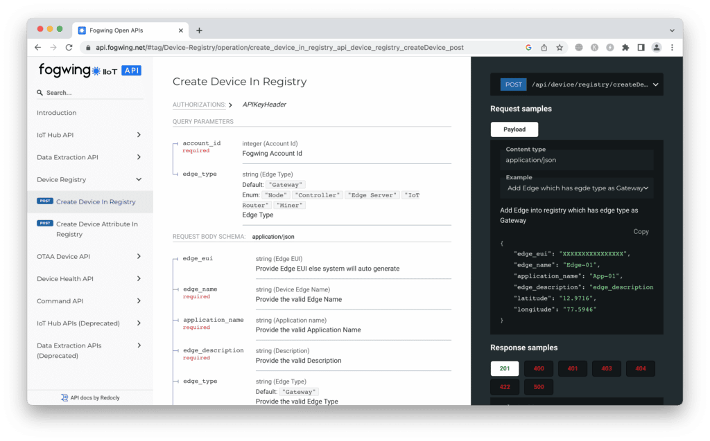 Fogwing Open API and Device Registry