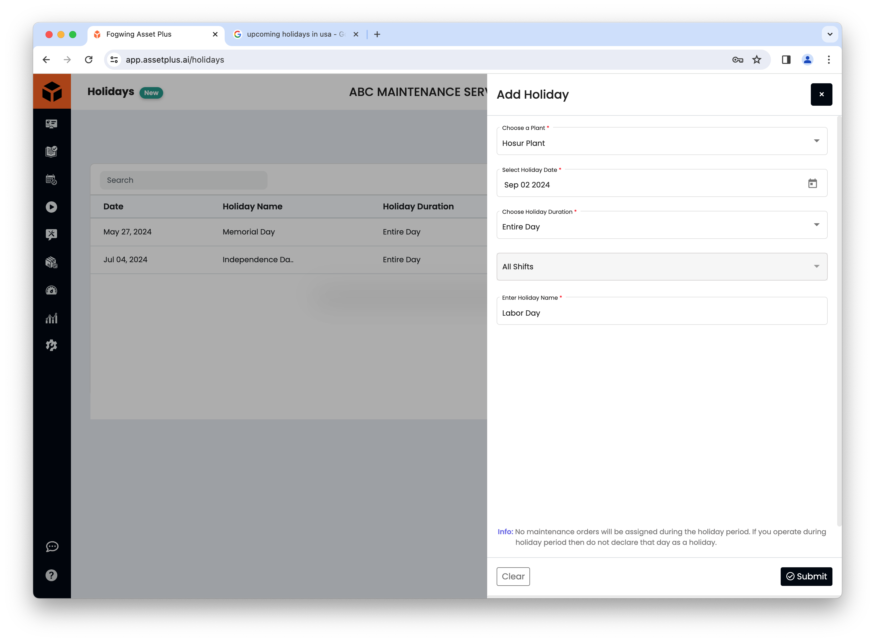 Fogwing Asset+ CMMS holiday settings